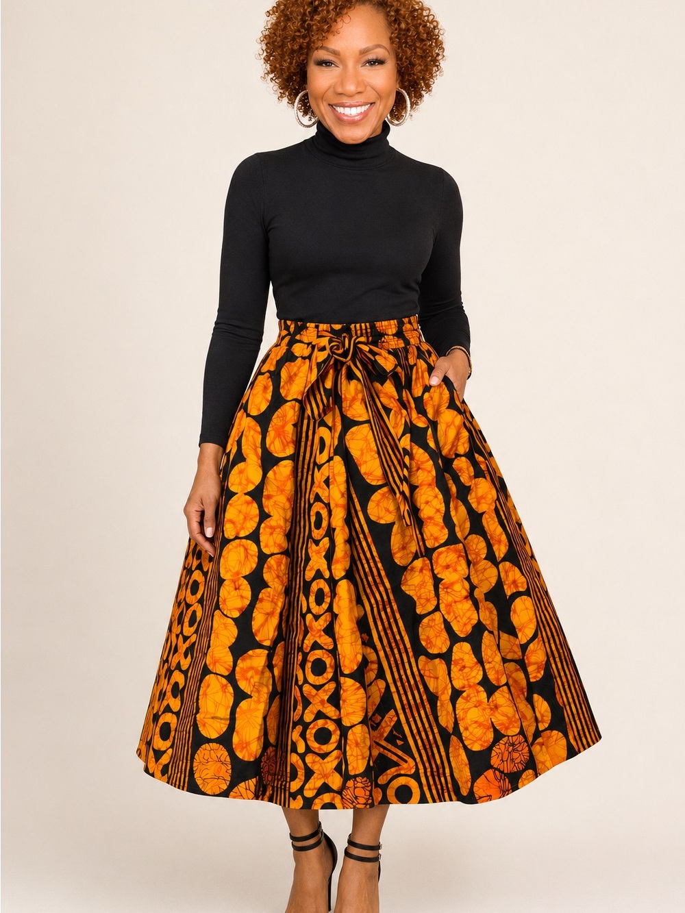 Black & Orange Printed Midi Skirt with Tie Waist /